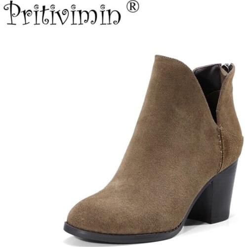 2018 New ladies round toe lined warm winter shoes woman genuine leather thick high heels autumn ankle boots Pritivimin FN132