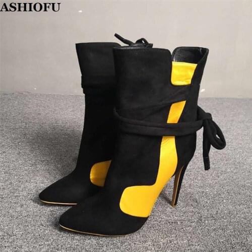 ASHIOFU Handmade New Arrival Ladies High Heel Boots Patchwork Leather Real Photos Ankle Boots Winter Evening Fashion Short Boots