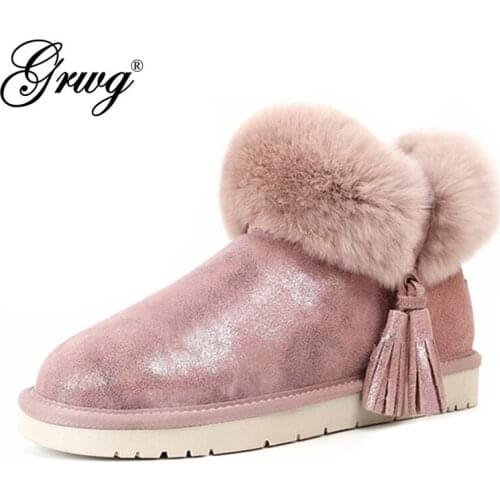GRWG Womens Fashion Genuine Leather Warm Winter Boots Non-slip Snow Boots Women Natural Rabbit Fur Boots Ladies Ankle Shoes