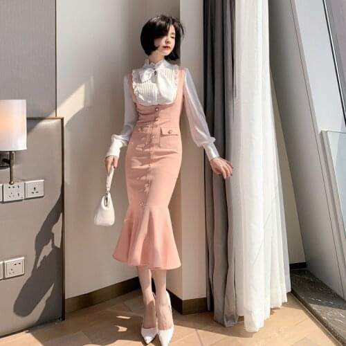 Fall 2021 Women Sweet Cute Two Piece Set White Blouse and Pink Corset Trumpet Midi Sexy Wrap Tank Dress Ladies Elegant 2 Piece