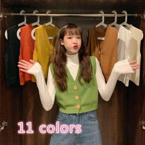 Women Sweater Vest Solid Single Breasted Loose Casual Female Knitted Tops Korean Style V-neck Simple Preppy Trendy Ulzzang Chic