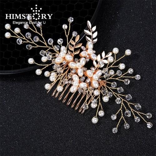 Himstory New Design Bridal Leaf Headpiece Hair Comb Pearls Wedding Prom Hair Jewelry Accessories Handmade Women Hairwear