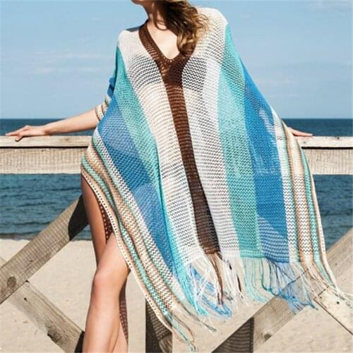 2021 Bohemian V-Neck Side Split Fringed Losse Summer Beach Dress Crochet Tunic Women Beachwear Sexy See Through Mesh Dress N900