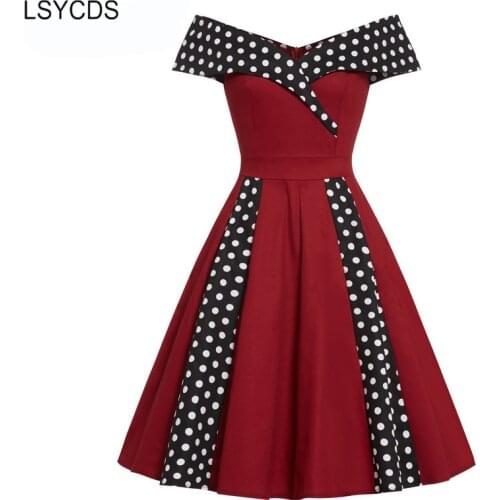 LSYCDS Women Polka Dot Vintage Dresses Burgundy Elegant Off Shoulder Party Night Sexy Fit and Flare Rockabilly Dress
