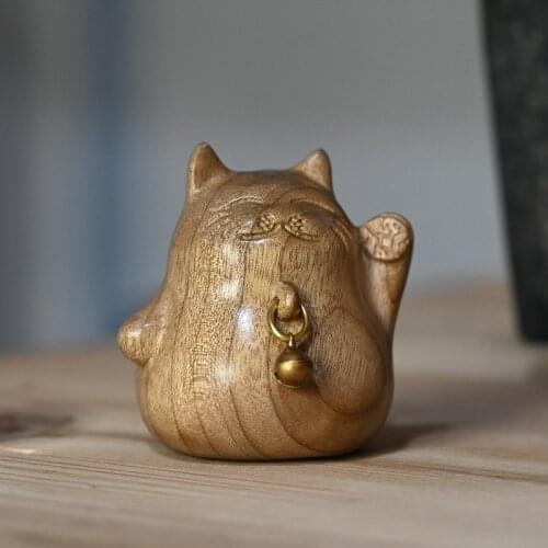 Golden Nanmu Carved Lucky Cat Ornaments Cute Tea Pet Wenwan Solid Wood Crafts
