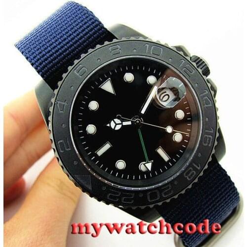 40mm parnis black GMT ceramic bezel PVD sapphire crystal automatic mens watch P407