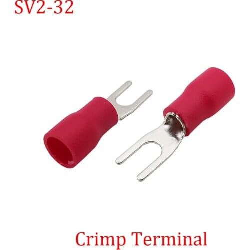 50Pcs/Lot Red SV2-32 Crimp Terminal Insulated Round Ends SV2-32 U-Type Terminals Brass Spade Crimp Wire Cable Connector SV2-32