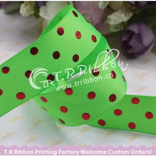 50yards/lot wholesale ribbon 7/8'' 22mm printed grosgrain ribbon red foil dots Clothing accessory #556 Acid green