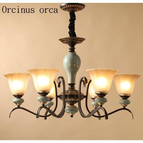 American luxury blue ceramic chandelier living room bedroom lamp European retro creative iron Chandelier free shipping