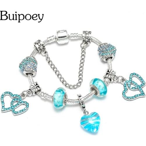 Buipoey Murano Glass Heart Charm Bracelets For Women girl Original Blue Crystal Rhinestone Heart Beaded Bangle Fine Jewelry Gift