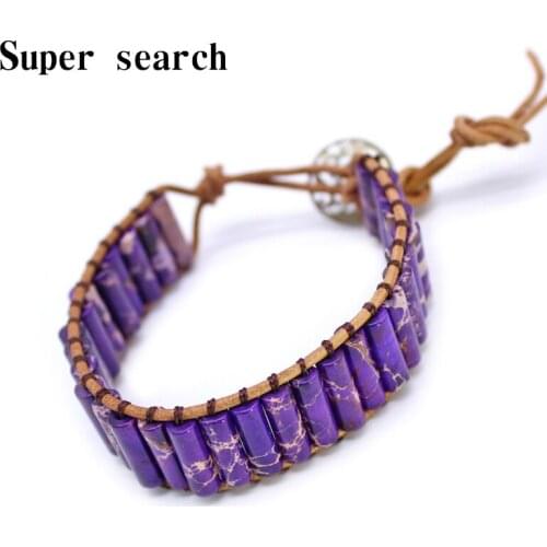 Natural Stone Single Leather Rope Wrap Bracelet Bohemian Bracelet Women Tube Shape Dark purple Beaded Couples Bracelet Fashion