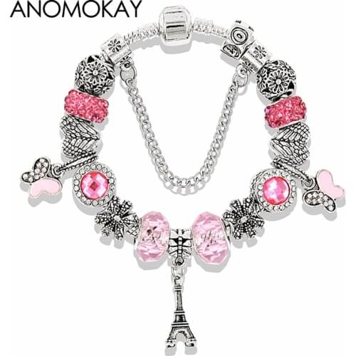 2021 European Silver Color Paris Eiffel Tower Charm Bracelet Pink Crystal Butterfly Bead Bracelet for Women Girl DIY Gift