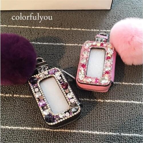 Colored Rhinestones Transparent Car Key Bag for Female Genuine Leather Car Key Purse With Various Colors Fluffy Ball 2019 New