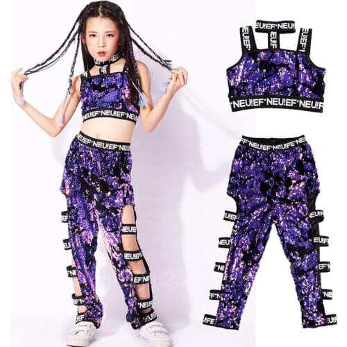 Kids Hip Hop Sequins Purple Fashion Girl Jazz Dance Costume Cool Ballroom Crop Hollow Pants Modern Children Dancing Clothes