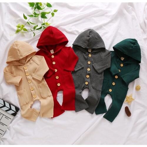 Autumn Spring Baby One-Piece Outfit Clothes Newborn Baby Long Sleeve Hooded Romper Pocket Solid Color Jumpsuit Baby Boys Girls