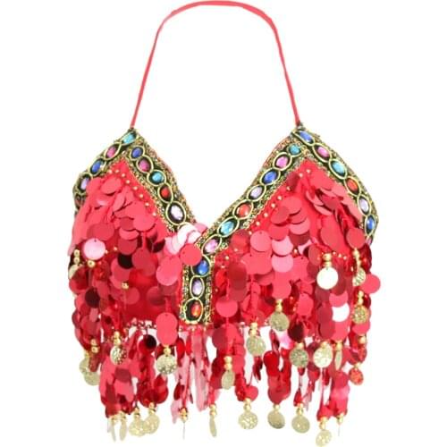 Womens Belly Dance Sequin Beaded Bra Top Samba Dancing Costumes Bikini