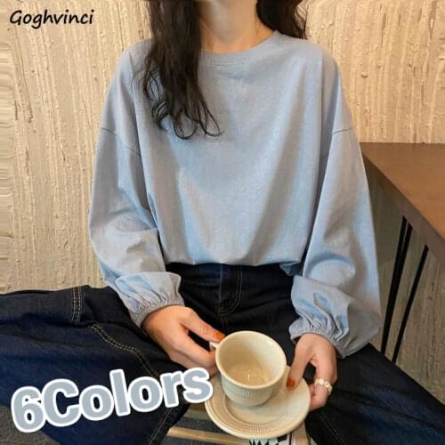T-shirts Solid Retro Around Neck Colorful Plus Size High Quality Lantern Sleeve Korean Style Loose Ins Daily Basic Students Chic
