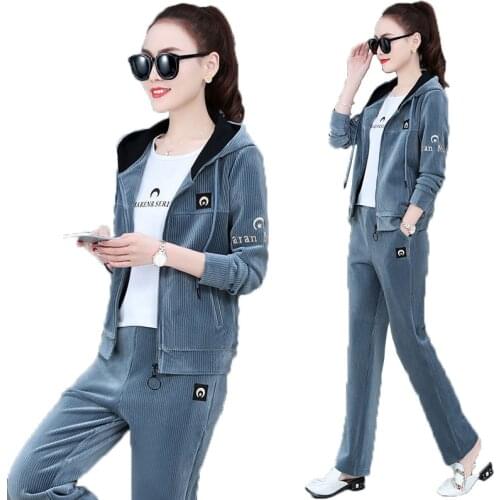 Haute couture Lady clothes set Top women clothing Corduroy autumn Sporting suit female NEW Hooded 3 piece set Free shipping 230