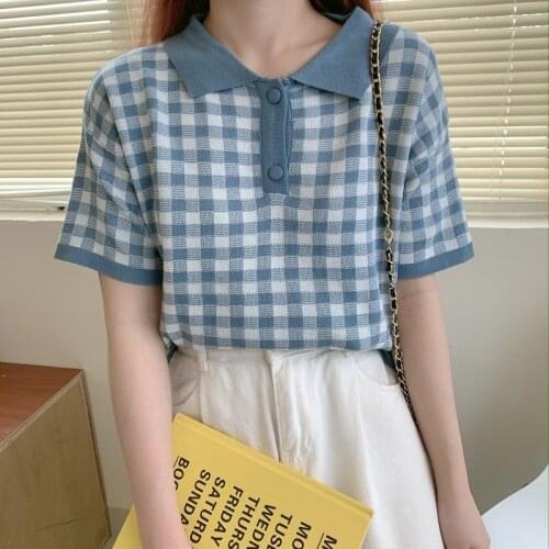 Korean Plaid Knitted T Shirt Women Summer Autumn Short Sleeve Pink Blue T-shirt Slim Plus Size harajuku Tee Shirts crop tops