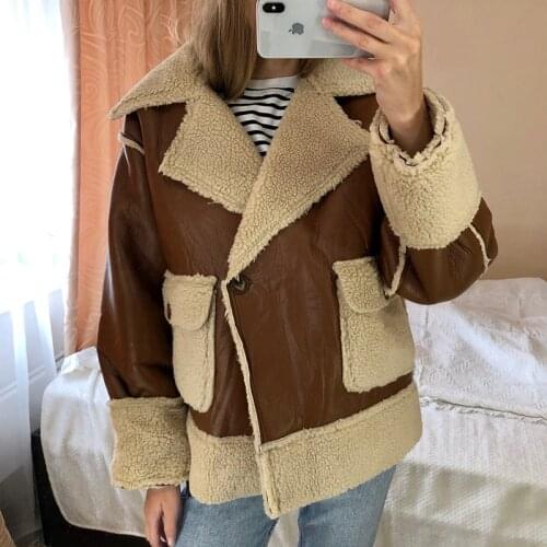 PUWD Women Lambswool Faux Leather Patchwork Jacket 2021 Autumn Fashion Ladies Thick Pocket Streetwear Female Brown Outerwear