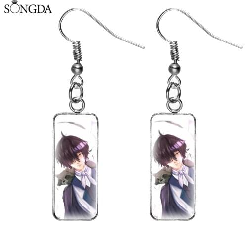 Fashion Anime Bungou Stray Dogs Rectangular Dangle Earrings Cute Cartoon Figures Handmade Glass Cabochon Drop Earrings for Women
