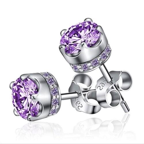 TJP Trendy 925 Silver Women Stud Earrings Accessories Fashion Girl Purple Crystal Silver Earrings Jewelry Female Christmas Gift