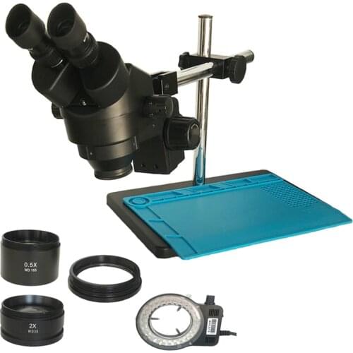 Single arm support 3.5X-90X binocular stereo microscope industrial Cellphone PCB repair magnifier zoom 0.5X 2.0X lens mat tools