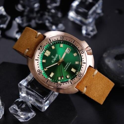 CRONOS Bronze Turtle Diving Mens Watch Sapphire Crystal Dial Automatic PT5000 SW200 Rotating Bezel Leather Strap Copper 20ATM