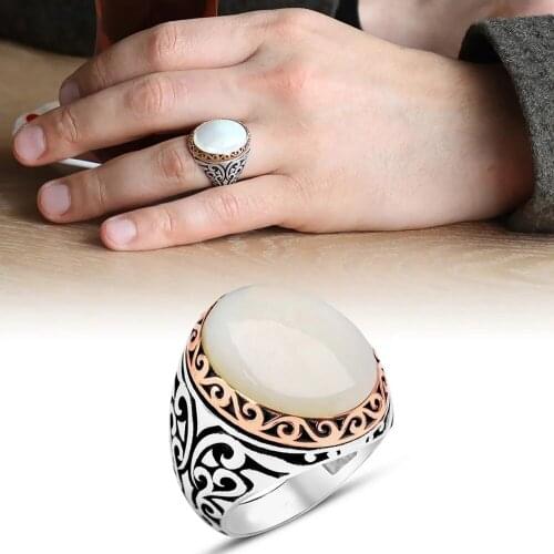925 Sterling Silver Ring for Men Seashell Stone Jewelry Fashion Vintage Gift Onyx Aqeq Mens Rings All Size
