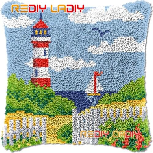 Latch Hook Cushion Lighthouse DIY Needlepoint Kits Chunky Acrylic Yarn Arts Crocheting Lofty Pillow Case Hobby & Crafts
