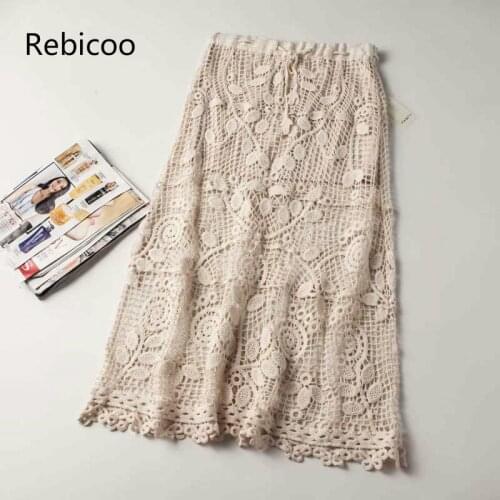 New Ladies Elastic Waist Floral Embroidery Crochet Skirt With Lining Unique Knitted Lace Skirts Saias