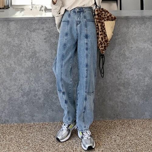 2021 New Vintage Straight Womens Jeans Pants High Waist Denim Trousers Streetwear Button Patchwork Pants Female Pockets