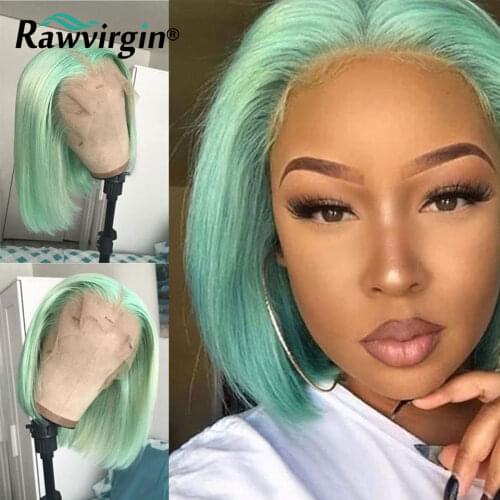 Lace Front Human Hair Wigs Green Colored Human Hair Wigs HD Lace Frontal Wig Bob Wig Straight Lace Front Wig Highlight wig 180