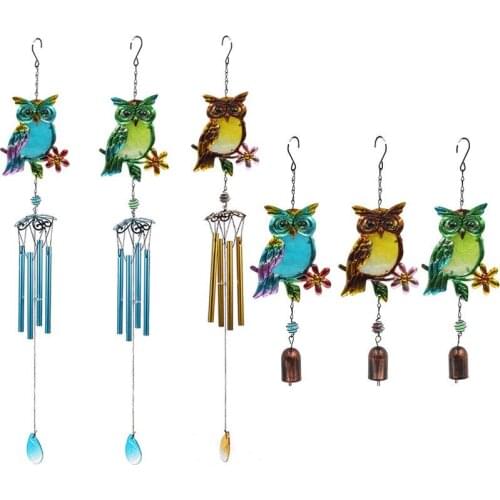 1PC Owl Wind Chimes Three-Color Glass Wrought Iron Ornaments Bells Pipe Pendants Creative Garden Balcony Home Accessories