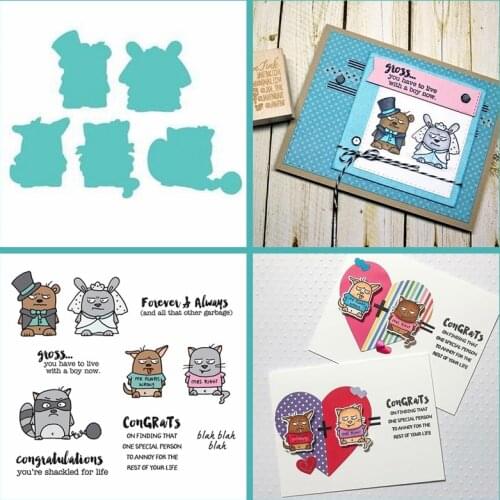 Congratulations Words Sentences Clear Stamps With Cutting Dies Combos Mr. Dog Mrs. Cat Rabbit Fox Lover Craft Making Template