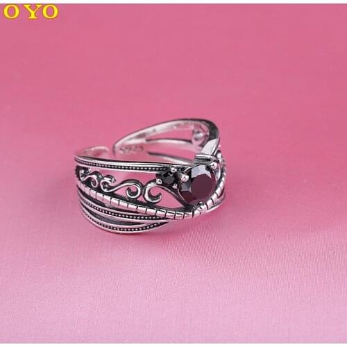 Manufacturers direct Thai silver small fresh hand ornaments S925 sterling silver jewelry womens open black zircon ring
