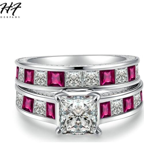 Luxury Fashion White Gold Color 2 Pieces Ring Sets AAA+ Square Rose Red Cubic Zirconia Engagement Rings For Women HotSale R632