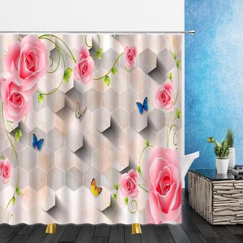 Flowers Shower Curtains Plant Pink Purple Flower Butterfly 3D Print Bathroom Home Decor Waterproof Polyester Cloth Curtain Set