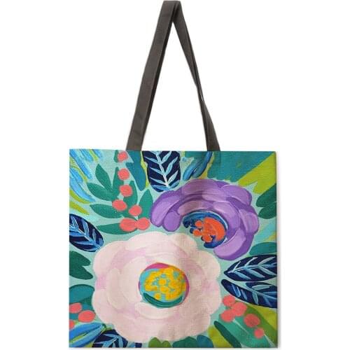Oil painting flowers and plants printed handbags ladies linen bags ladies shoulder bags outdoor handbags foldable shopping bags