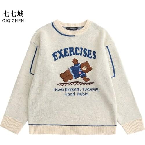 Cartoon Bear Pattern Sweater Men Autumn Hip Hop Streetwear Letter Knitted Pullover Women Winter Oversized College Ugly Sweaters