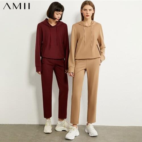Amii Minimalism Autumn Winter Hoodies For Women Causal Sport Hooded Solid Loose Hoodie Women High Waist Womens Pants 12040539