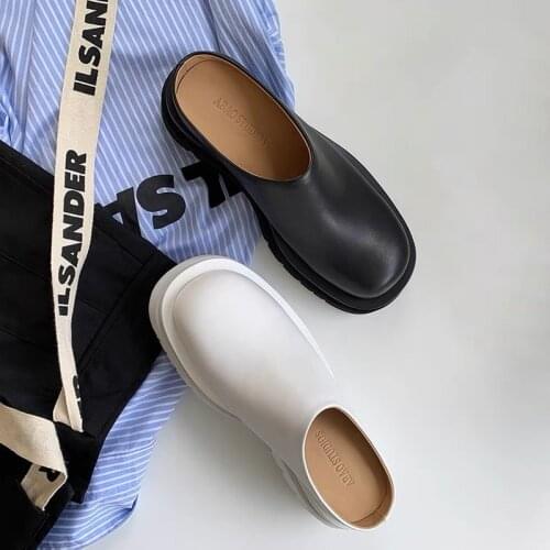 Women Slippers Summer Fashion Closed Toe Leather Shoes Loafers High Platform Slippers Women Black High Heels Zapatillas Mujer