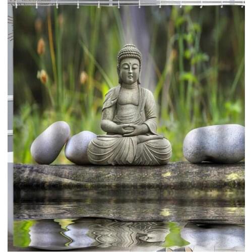 Zen Buddha Chinese Style Shower Curtain Flower Water Green Plants Waterproof Fabric Bathroom Decor Bath Curtains Bathtub Screen