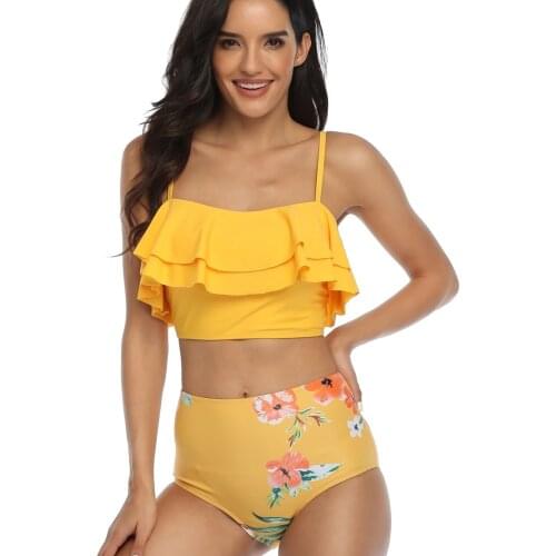 Sagace Yellow New Korean temperament comfortable swimsuit womens fashion sexy printed Ruffle split Swimsuit Bikini