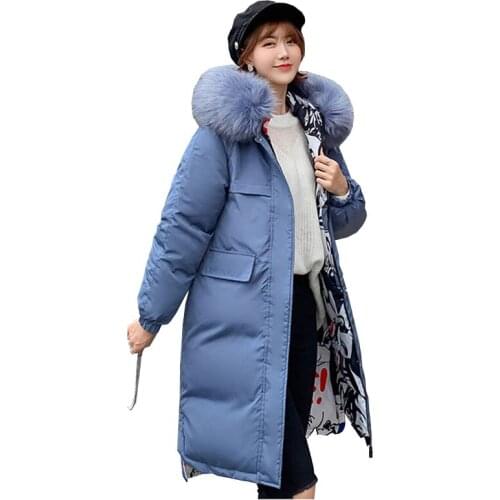 2019 New Winter Mid-Long Women Hooded parka Double-sided wear Big fur collar Thick warm fashion Down cotton clothing Female C117