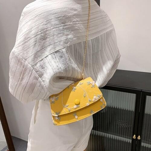 New Women Flower Embroidery PU Leather Mesh Shoulder Crossbody Bag Casual Ladies Pearl Chain Shopper Purses and Mini Handbags