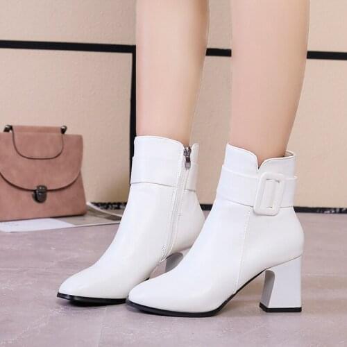 White Black Thick High Heel Ankle Boots Women 2020 Pointed Toe Keep Warm Elegant Short Booties Ladies Ankle Buckle Decoration