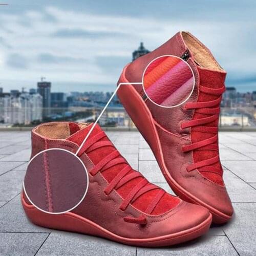 Women Boots Ankle Socofy Leather Lace Up Booties Womens Big Size Cross Strap Flats Winter 2019 Boots Fall Women Shoes Short A116