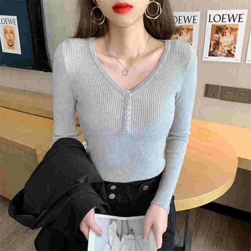 Korean Style Sweaters For Women Fashion Knitted Sweater Mujer Ladies V-Neck Sexy Slim Fit Jumper Pull Femme Undershirt