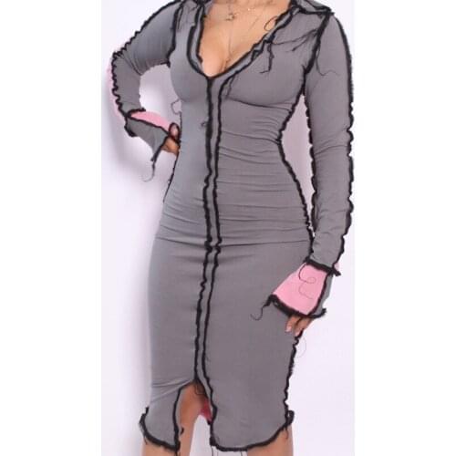 2021 Long Sleeve Patchwork Irregular Skinny Midi Dress Spring Women Fashion Sexy Party Club Outfits